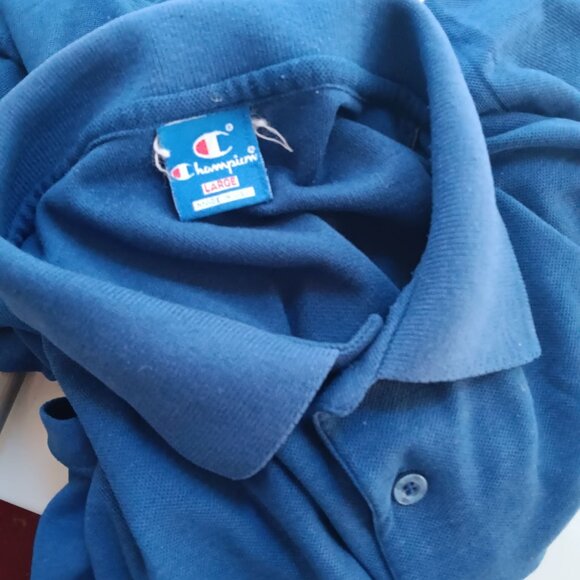 Vintage Mens Polo Shirt LARGE 80's CHAMPION KNIT EMBROIDERED SEMINARY BLUE GOLF - Picture 7 of 9